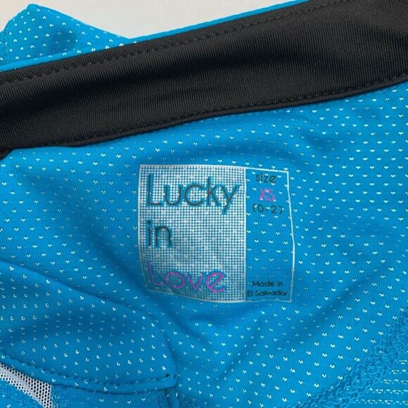 Lucky In Love Shirt Womens XS Extra Small Lagoon White Pin Dot Quarter Zip Polo - Picture 7 of 11